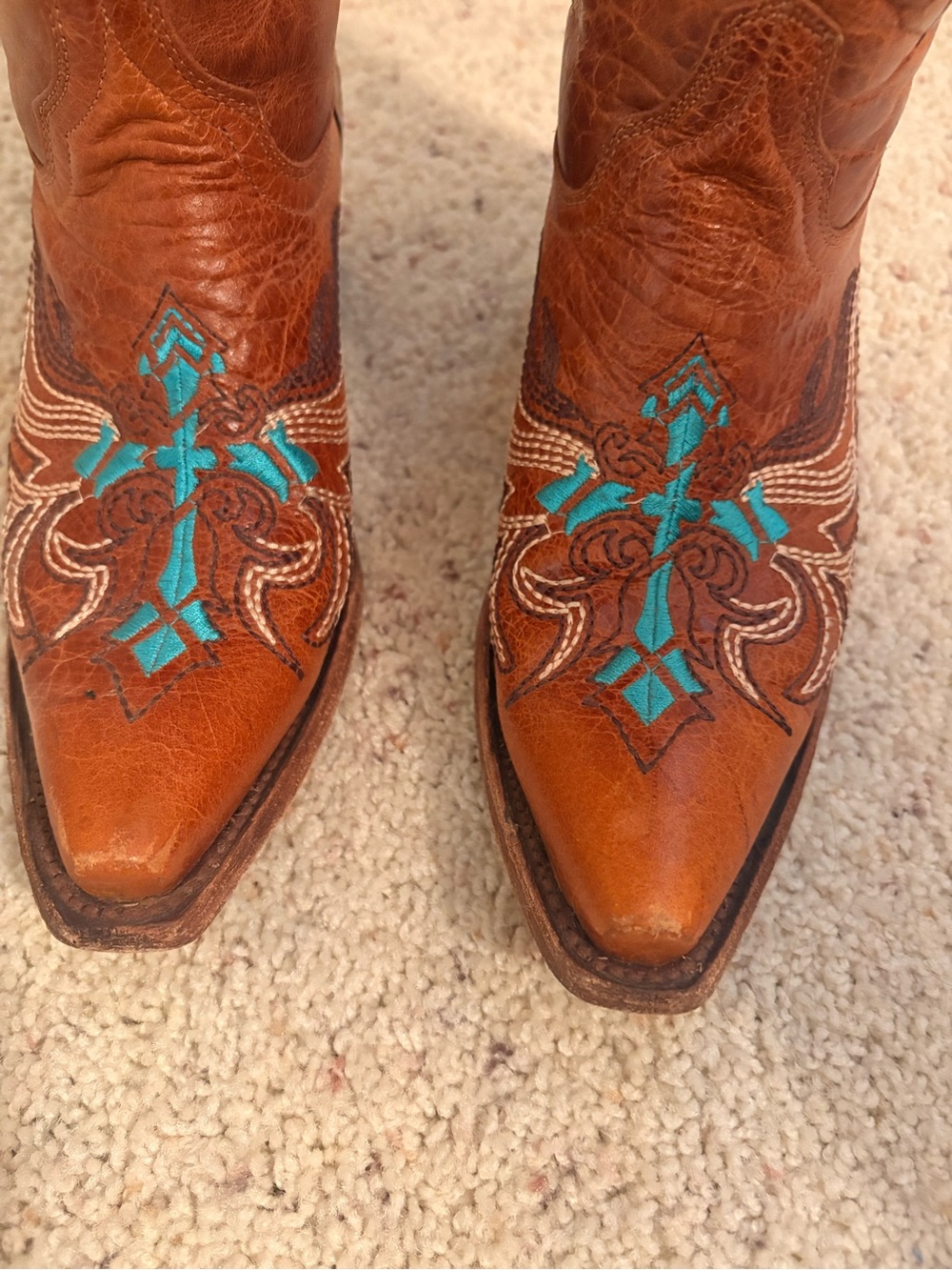 Circle G size 6 1/2  Turquoise Cross Embroidered Brown Leather Cowboy Boots. S - Picture 6 of 7